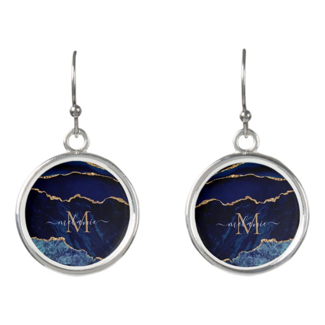 Monogram Name Agate Navy Blue Gold Marble Earrings (Front)