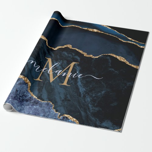 Monogram Name Agate Navy Blue Gold Marble Gift Wrapping Paper