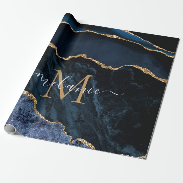 Monogram Name Agate Navy Blue Gold Marble Gift Wrapping Paper (Unrolled)