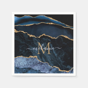 Monogram Name Agate Navy Blue Gold Marble Napkins