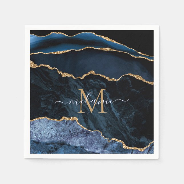 Monogram Name Agate Navy Blue Gold Marble Napkins (Front)