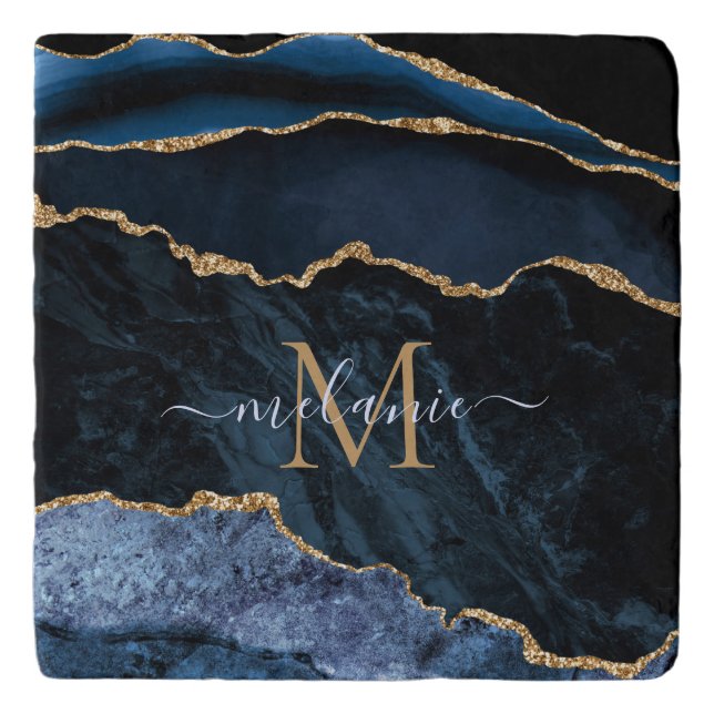Monogram Name Agate Navy Blue Gold Marble Trivet (Front)
