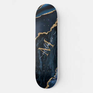 Monogram Name Agate Navy Blue Gold Skateboard