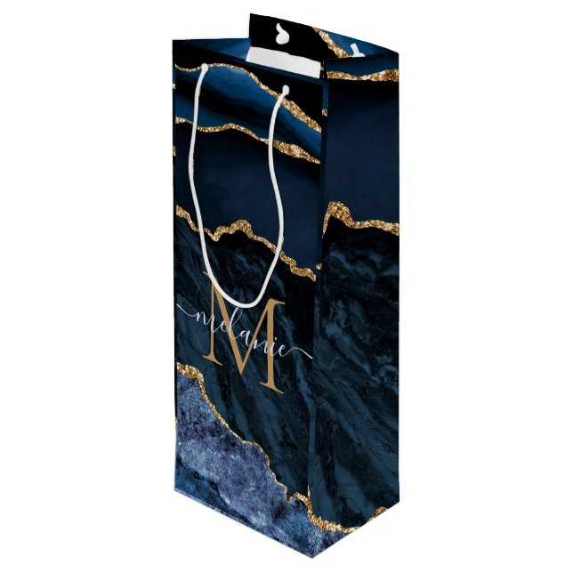 Monogram Name Agate Navy Blue Gold Wine Gift Bag (Back Angled)
