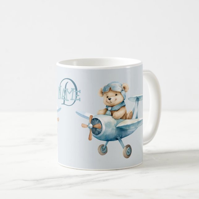 Monogram Name Airplane Happy Blue Bear Pilot Coffee Mug (Front Right)