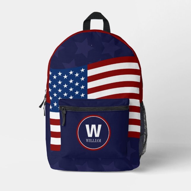 Monogram Name American Flag Map Custom Printed Backpack (Front)