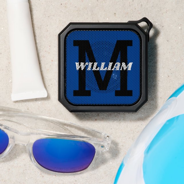 Monogram Name and Initial Blue | Black | White Bluetooth Speaker (Insitu(Beach))