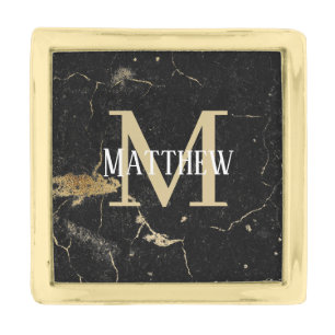 Monogram Name and Initial Gold Black Marble Finish Lapel Pin