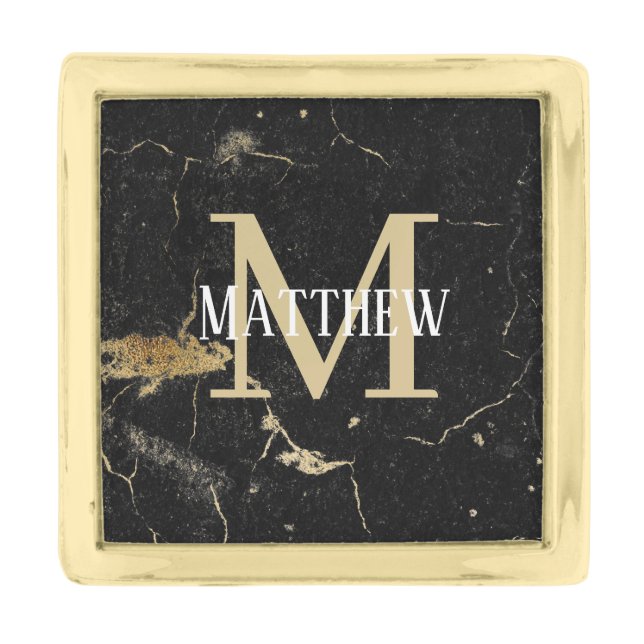 Monogram Name and Initial Gold Black Marble Finish Lapel Pin (Front)