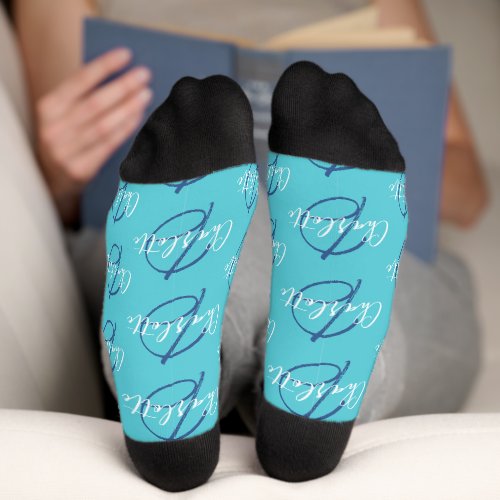 Monogram name and initial white aqua blue socks