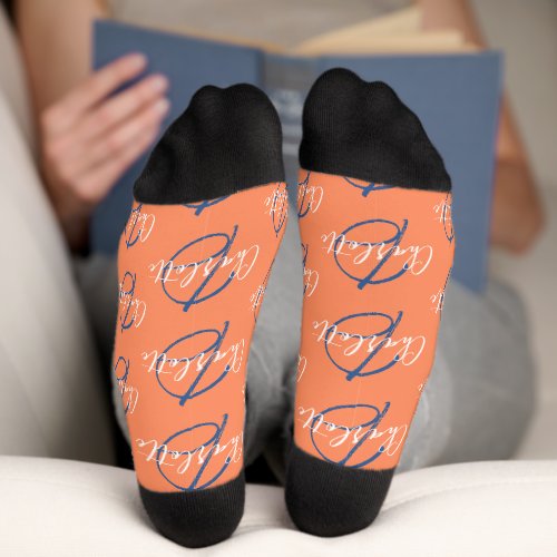 Monogram name and initial white peach blue socks