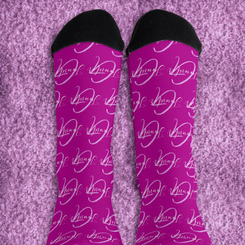 Monogram Name And Initial White Pink Mauve Socks by Mylittleeden at Zazzle