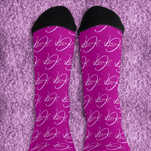 Monogram name and initial white pink mauve socks