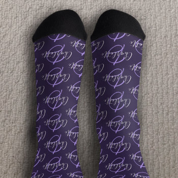 Monogram Name And Initial White Purple Socks by Mylittleeden at Zazzle