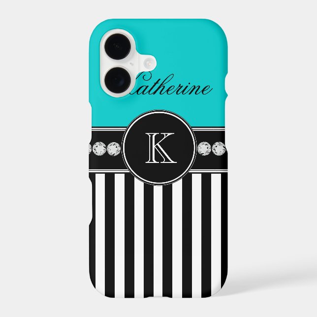 Monogram Name Aqua Black Striped Pattern Iphone Case (Back)