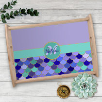 Monogram + Name | Aqua Purple &amp; Multicolor Mermaid Serving Tray