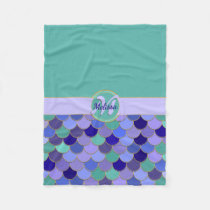 Monogram + Name | Aqua Teal &amp; Colorful Mermaid Fleece Blanket