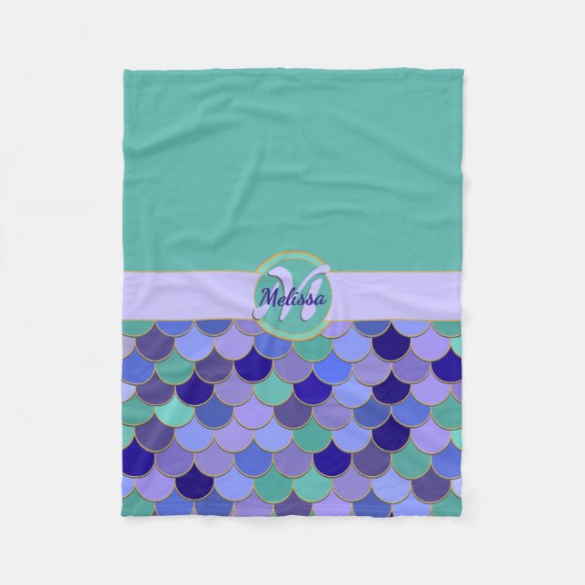 Monogram + Name | Aqua Teal & Colorful Mermaid Fleece Blanket (Front)