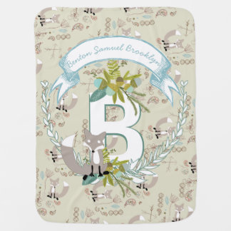 Monogram Name Aqua Teal Garland Fox Acorns Baby Blanket