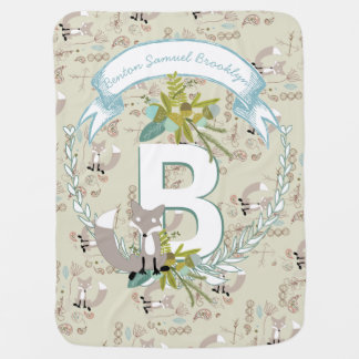 Monogram Name Aqua Teal Garland Fox Acorns Stroller Blanket