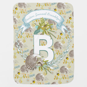 Monogram Name Aqua Teal MINT Garland Raccoon Acorn Receiving Blanket