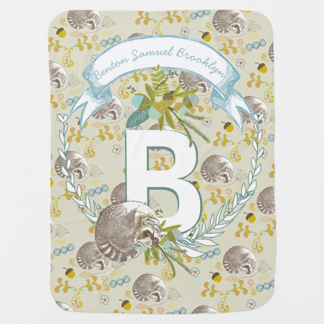 Monogram Name Aqua Teal MINT Garland Raccoon Acorn Receiving Blanket (Front)