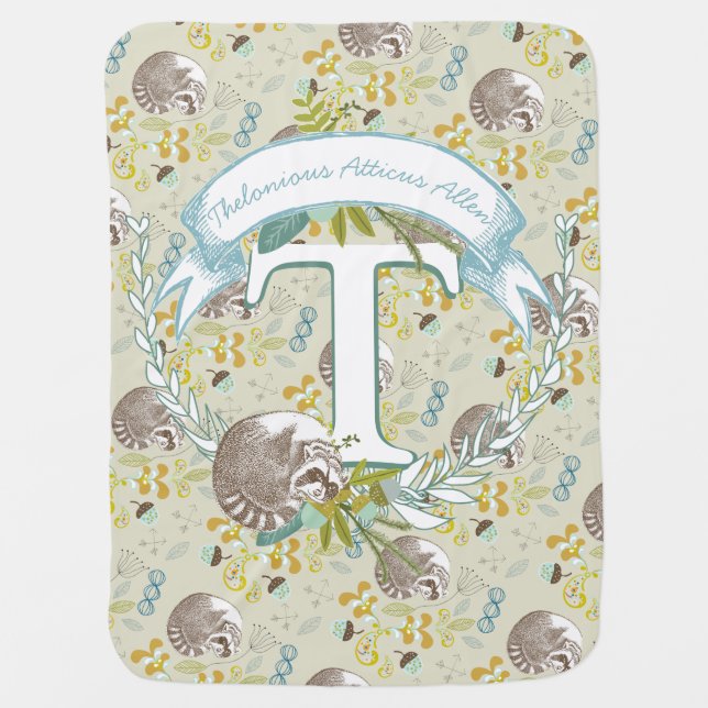 Monogram Name Aqua Teal MINT Garland Raccoon Acorn Receiving Blanket (Front)