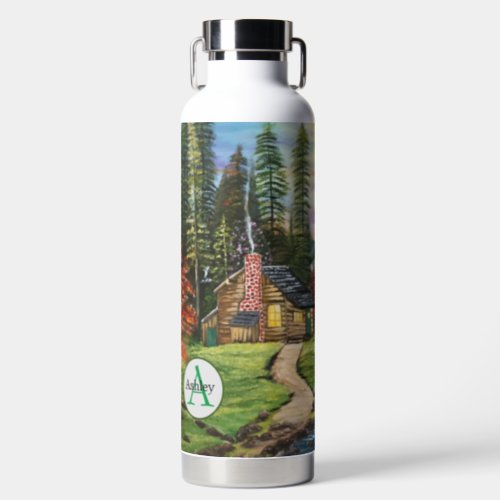 Monogram Name Art Cottage Forest Floral Landscape  Water Bottle