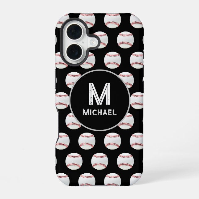 Monogram Name Baseball Seamless Pattern Black  Iphone Case (Back)