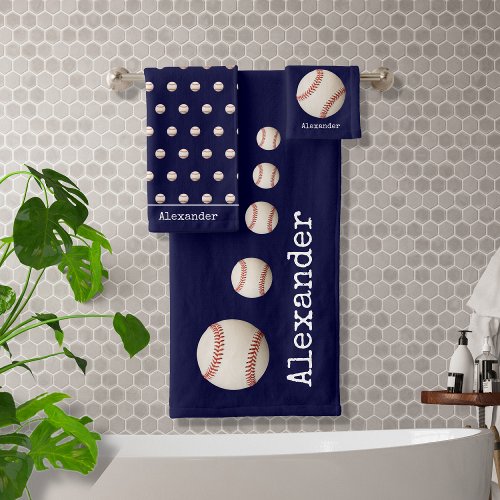 Monogram name baseball softball sports navy blue bath towel set