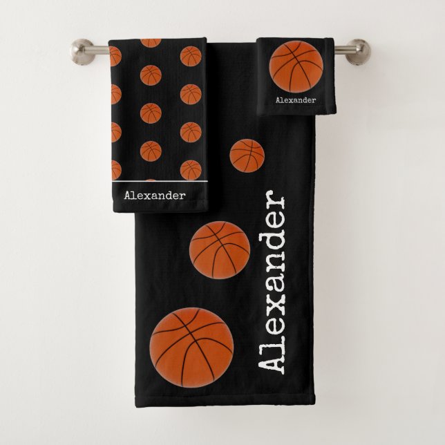 Monogram name Basketball orange on Black Bath Towel Set (Insitu)