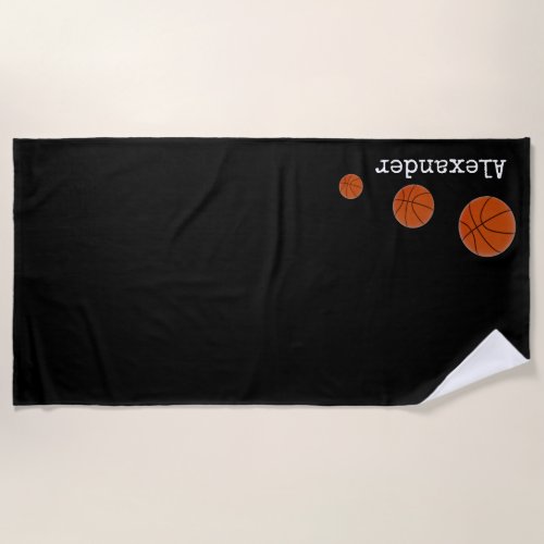 Monogram name Basketball orange on Black Beach Towel