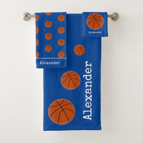 Monogram name Basketball orange on Blue Bath Towel Set
