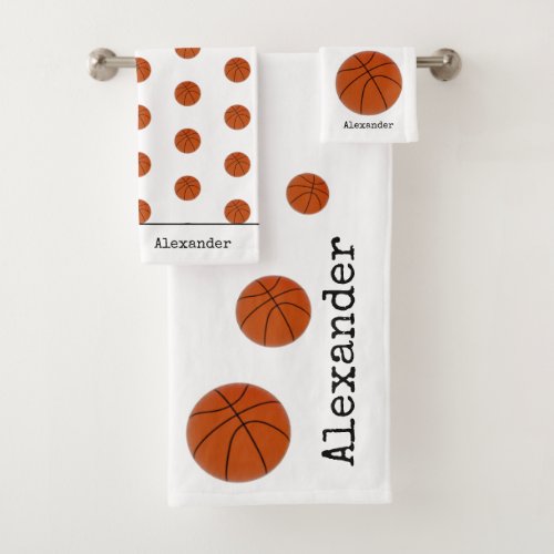 Monogram Name Basketball Orange on White Bath Towel Set
