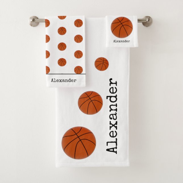 Monogram Name Basketball Orange on White Bath Towel Set (Insitu)