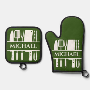 Monogram Name BBQ Chef Cook Grilling Oven Mitt & Pot Holder Set