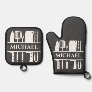 Monogram Name BBQ Chef Cook Grilling Oven Mitt & Pot Holder Set