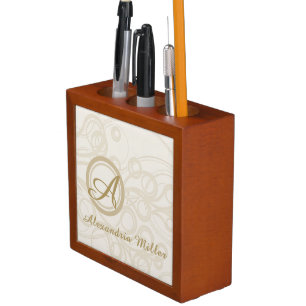 Monogram Name Beige & Linen Swirl Pattern Desk Organizer