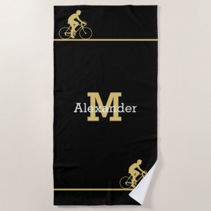 Monogram Name Bicycle Gold Black Bath / Beach Towel