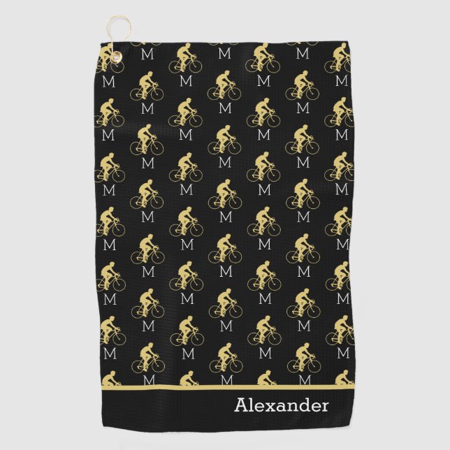Monogram Name Bicycle Gold Black Golf Towel (Front)