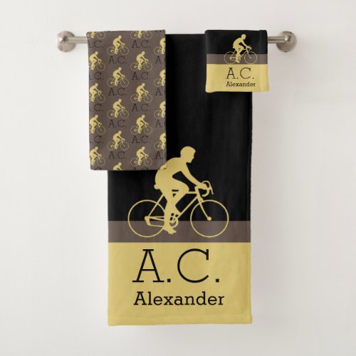 Monogram Name Bicycle Gold Black Gray  Beige Bath Towel Set