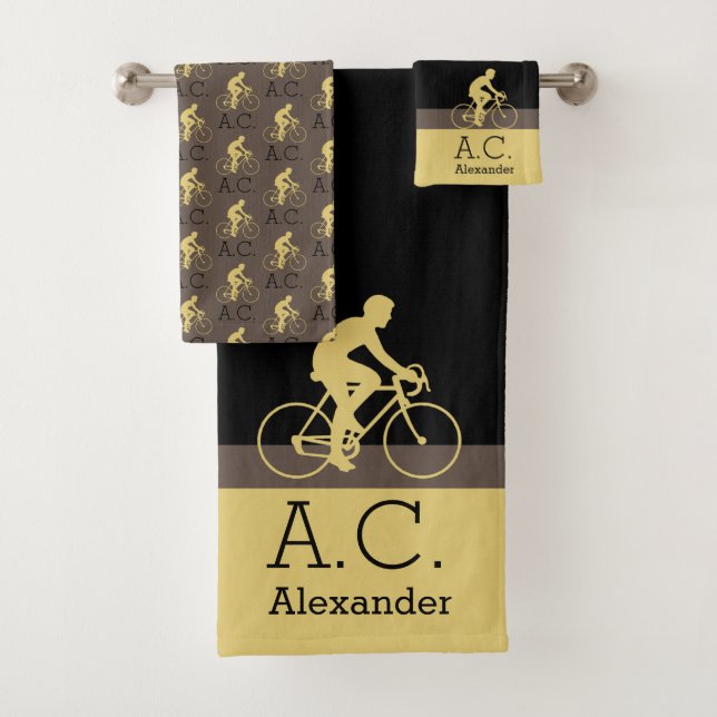 Monogram Name Bicycle Gold Black Gray | Beige Bath Towel Set (Insitu)