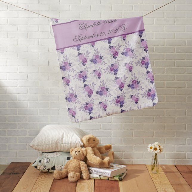 Monogram Name Birth Stats Purple Pink Floral  Baby Blanket (In Situ)
