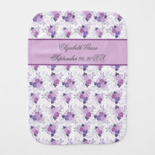 Monogram Name Birth Stats Purple Pink Floral Baby Burp Cloth