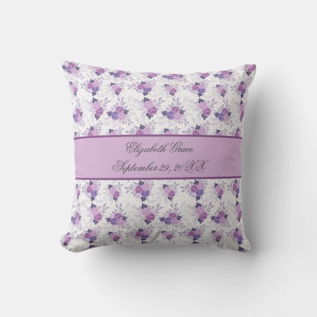 Monogram Name Birth Stats Purple Pink Floral Throw Pillow (Front)