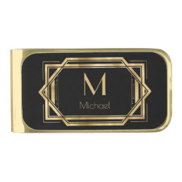 Monogram &amp; Name Black and Gold Geometric Art Deco Gold Finish Money Clip