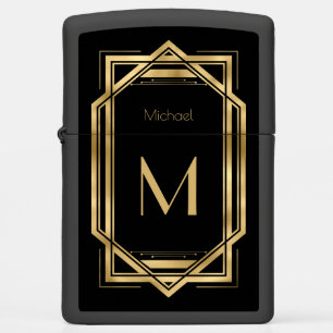 Monogram & Name Black and Gold Geometric Art Deco Zippo Lighter