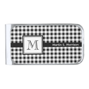 Monogram Name    Black and White Buffalo Check Silver Finish Money Clip