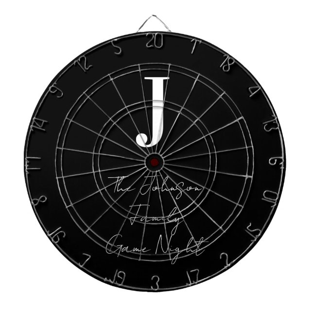 Monogram Name Black and White Family Game Night Dart Board (Front)