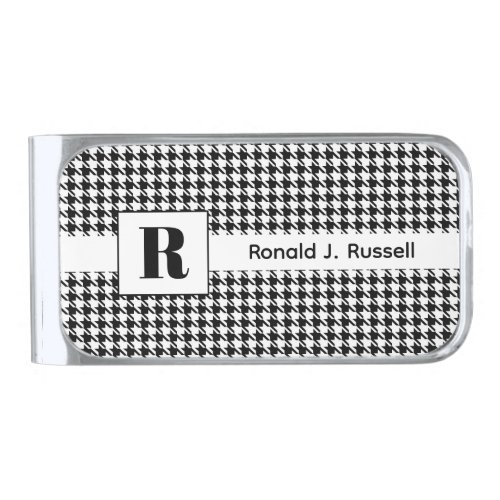 Monogram Name || Black and White Houndstooth Check Silver Finish Money Clip